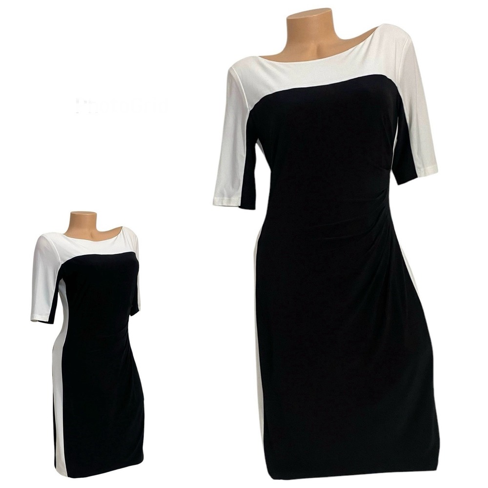 Ralph Lauren Women's Size 10‎ Ruched Waist Knee Dress Black White Elbow Sleeves